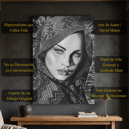 Cuadro decorativo moderno de una mujer árabe con velo de rejilla dibujado por David Mateo.