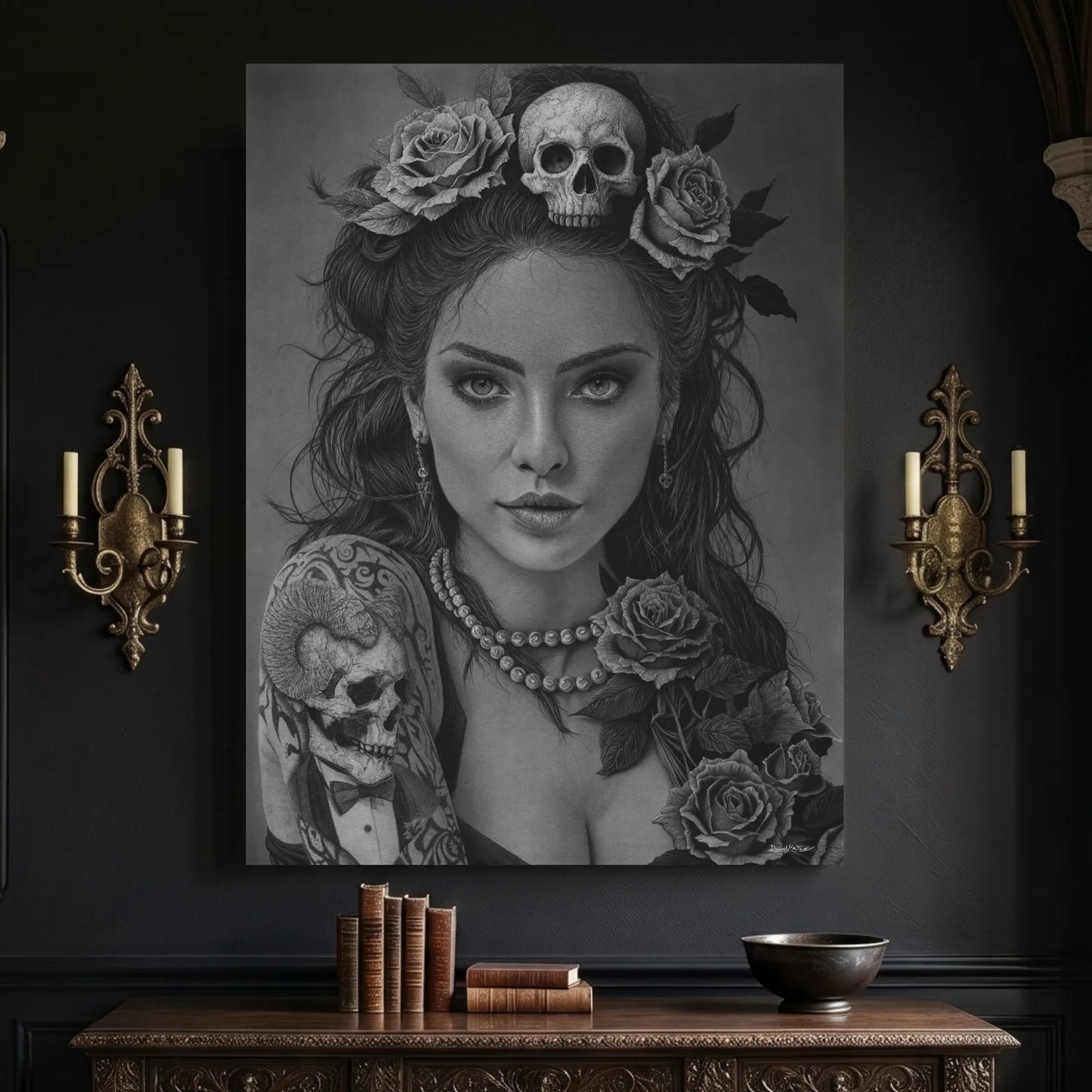 Cuadro decorativo moderno de una mujer gótica con calaveras y rosas.