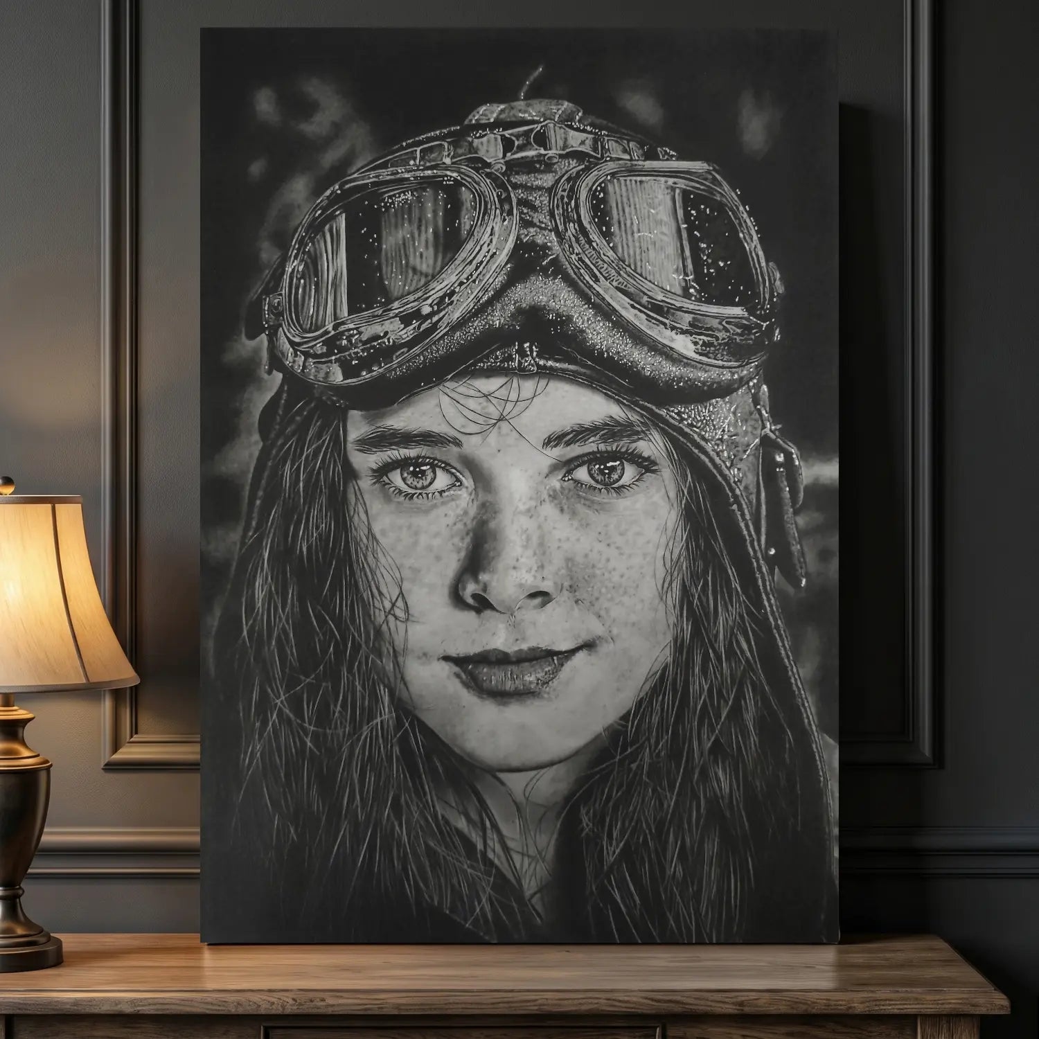 Cuadro decorativo moderno de una niña con casco de aviador. Dibujo realista del David Mateo.