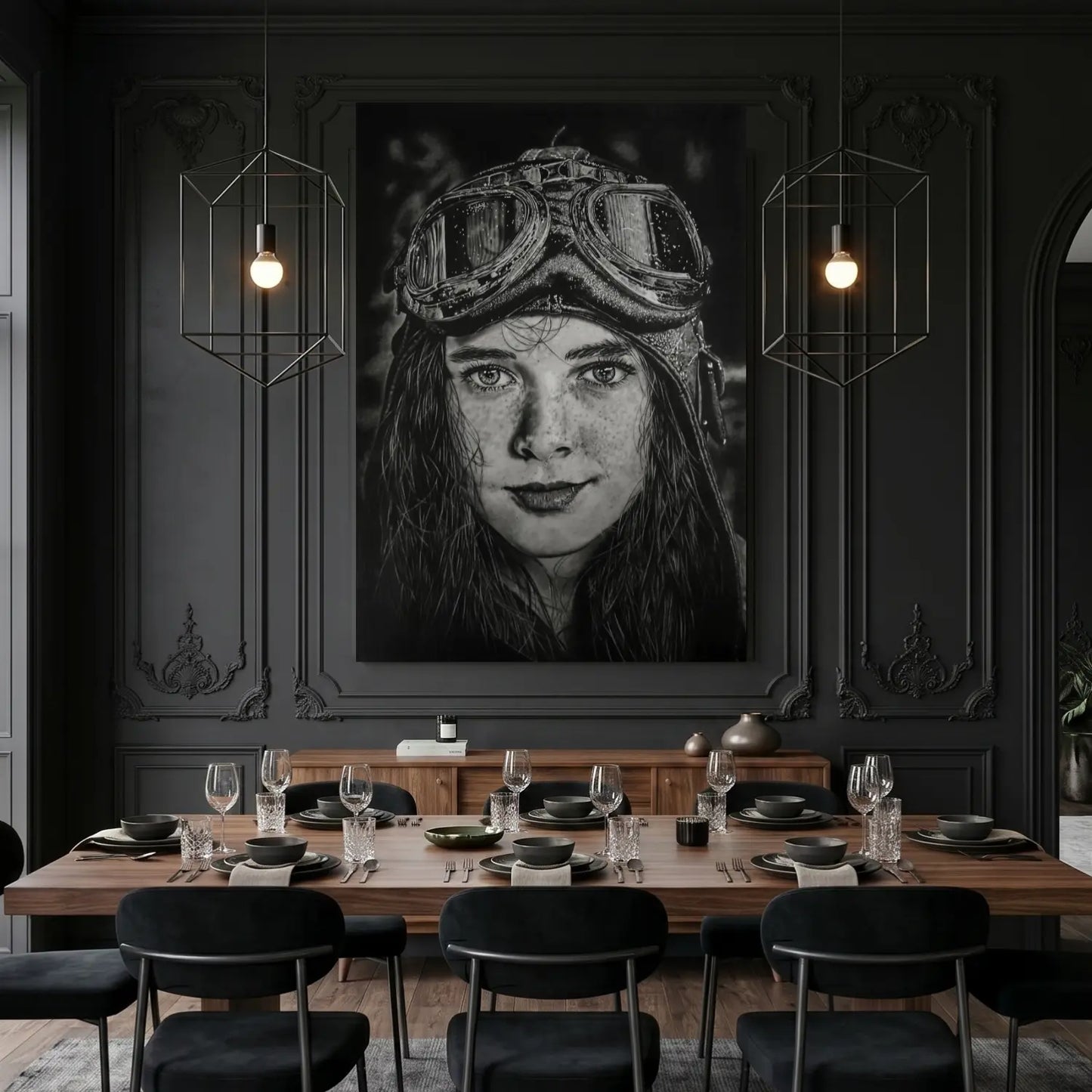 Cuadro decorativo moderno para salón de una niña aviadora en blanco y negro.