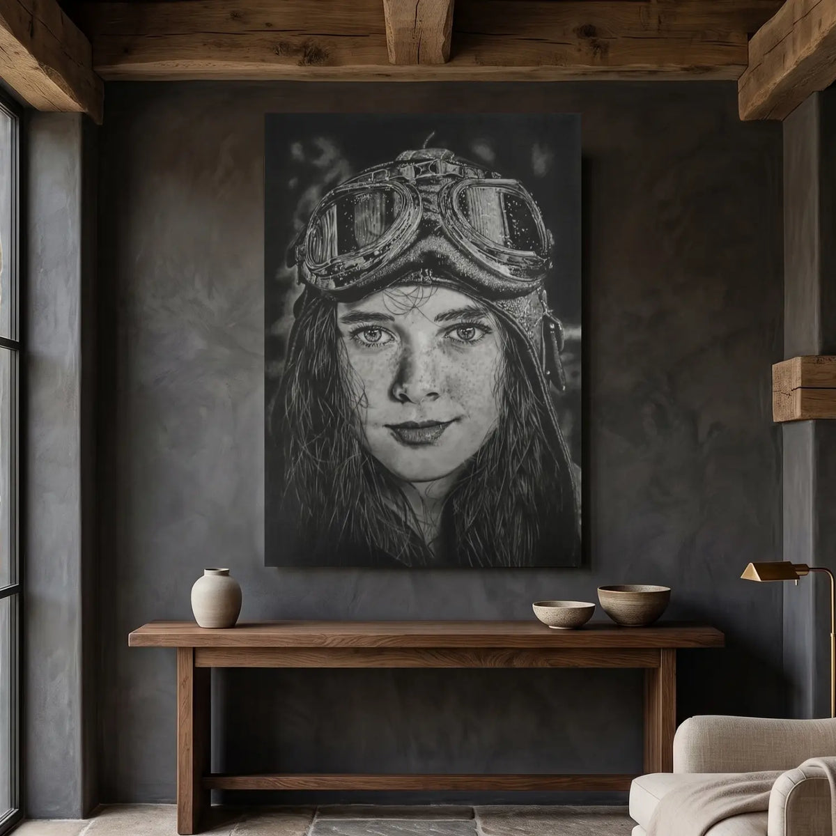 Cuadro decorativo moderno para salón de una niña con casco de aviadora del artista David Mateo.