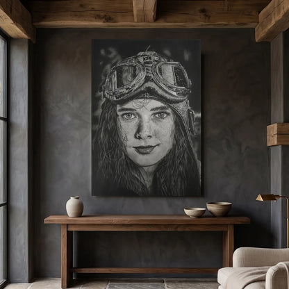 Cuadro decorativo moderno para salón de una niña con casco de aviadora del artista David Mateo.