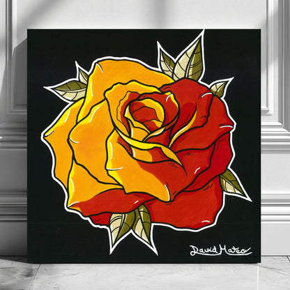 Cuadro decorativo moderno de una pintura acrílica estilo Neo Tradicional de una rosa de tonos cálidos.