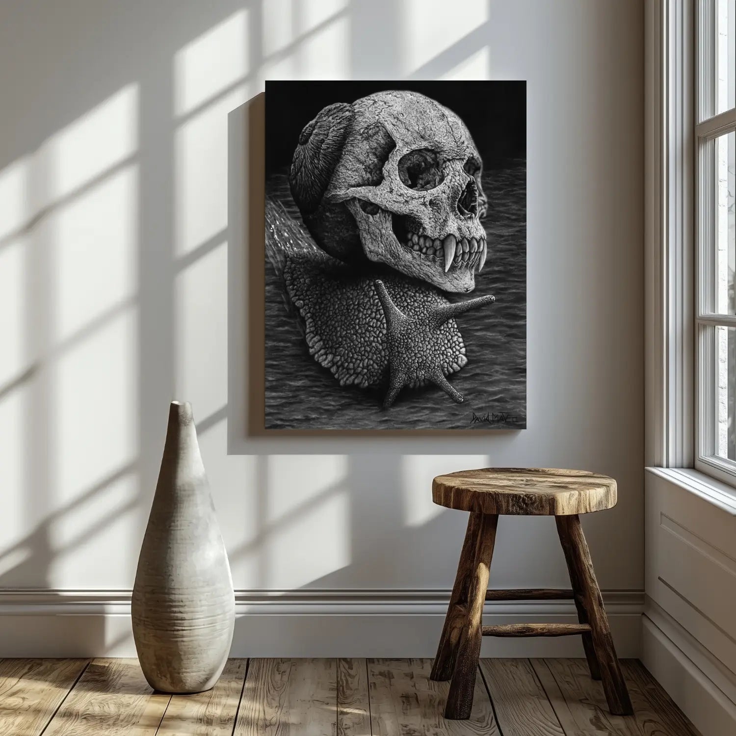 Cuadro decorativo para salón de un caracol demoníaco con una calavera por casa. Dibujo a lápiz de David Mateo.