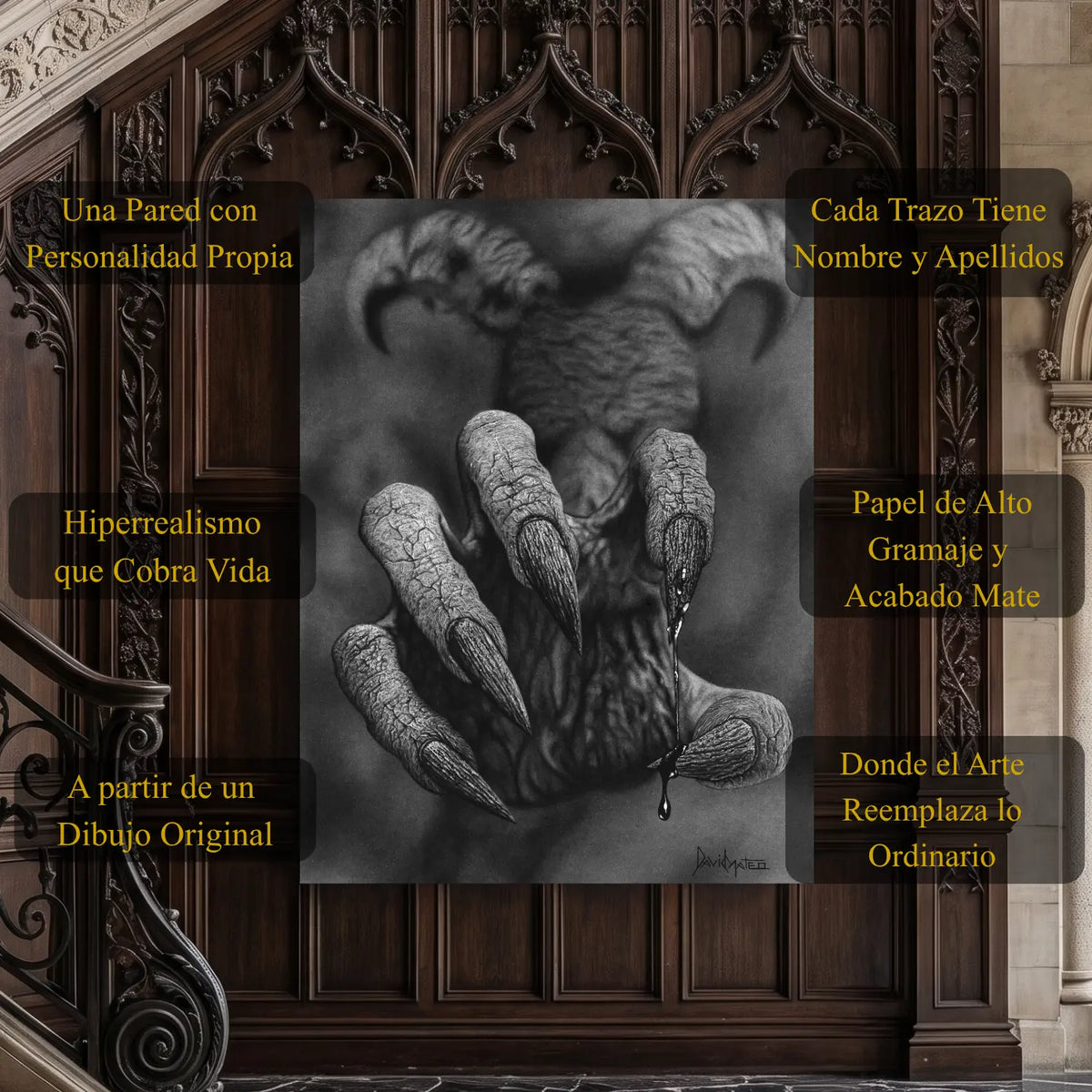 Cuadro decorativo moderno de una mano demoníaca realizado a mano con carboncillo por David Mateo.