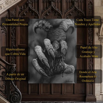 Cuadro decorativo moderno de una mano demoníaca realizado a mano con carboncillo por David Mateo.