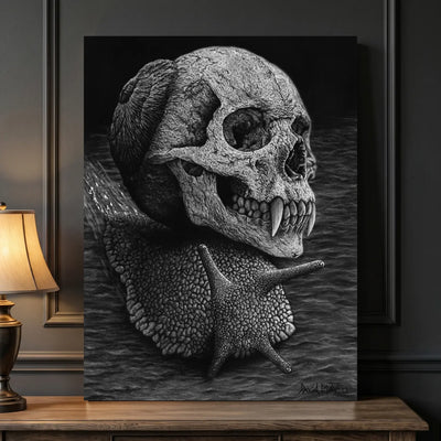 Cuadro moderno de arte gótico del artista David Mateo de un caracol luciendo una calavera por casa.