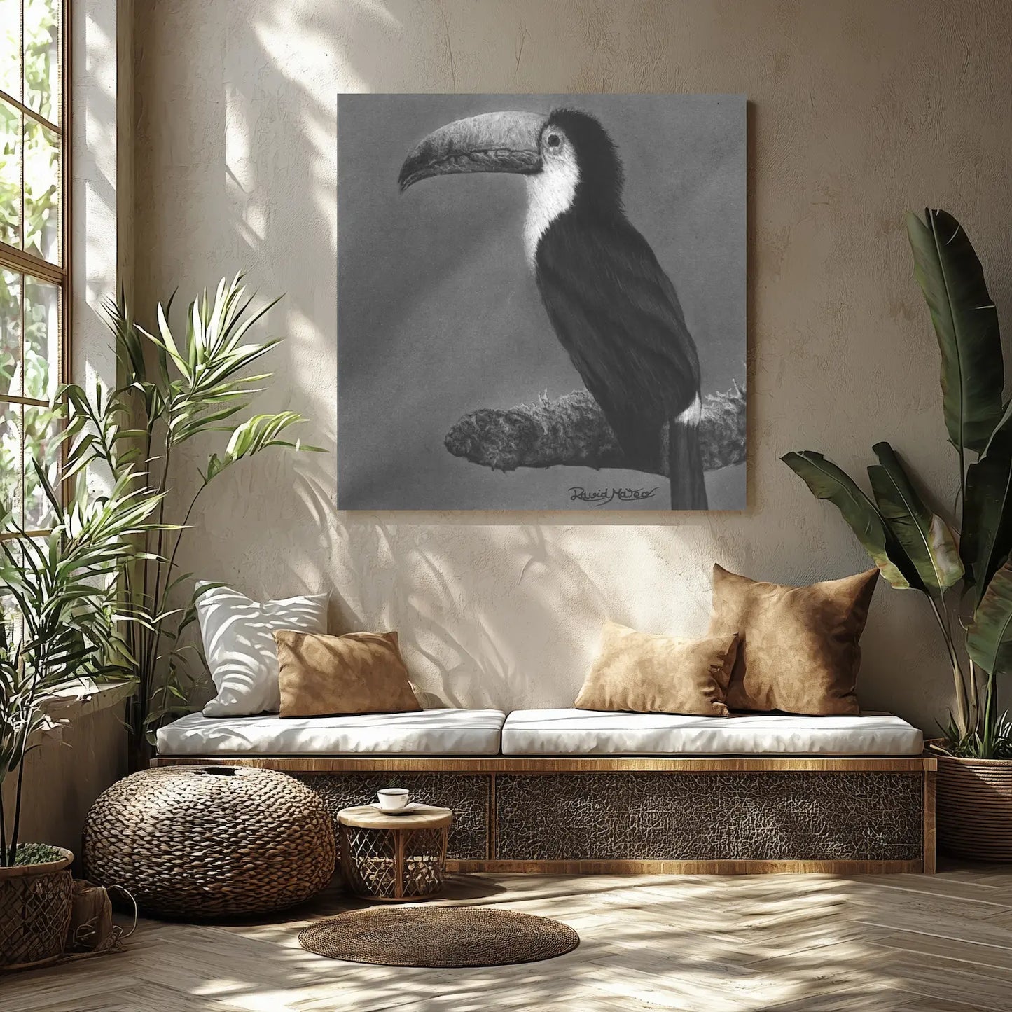 Cuadro moderno para la decoración del hogar de un dibujo a lápiz de un tucán.