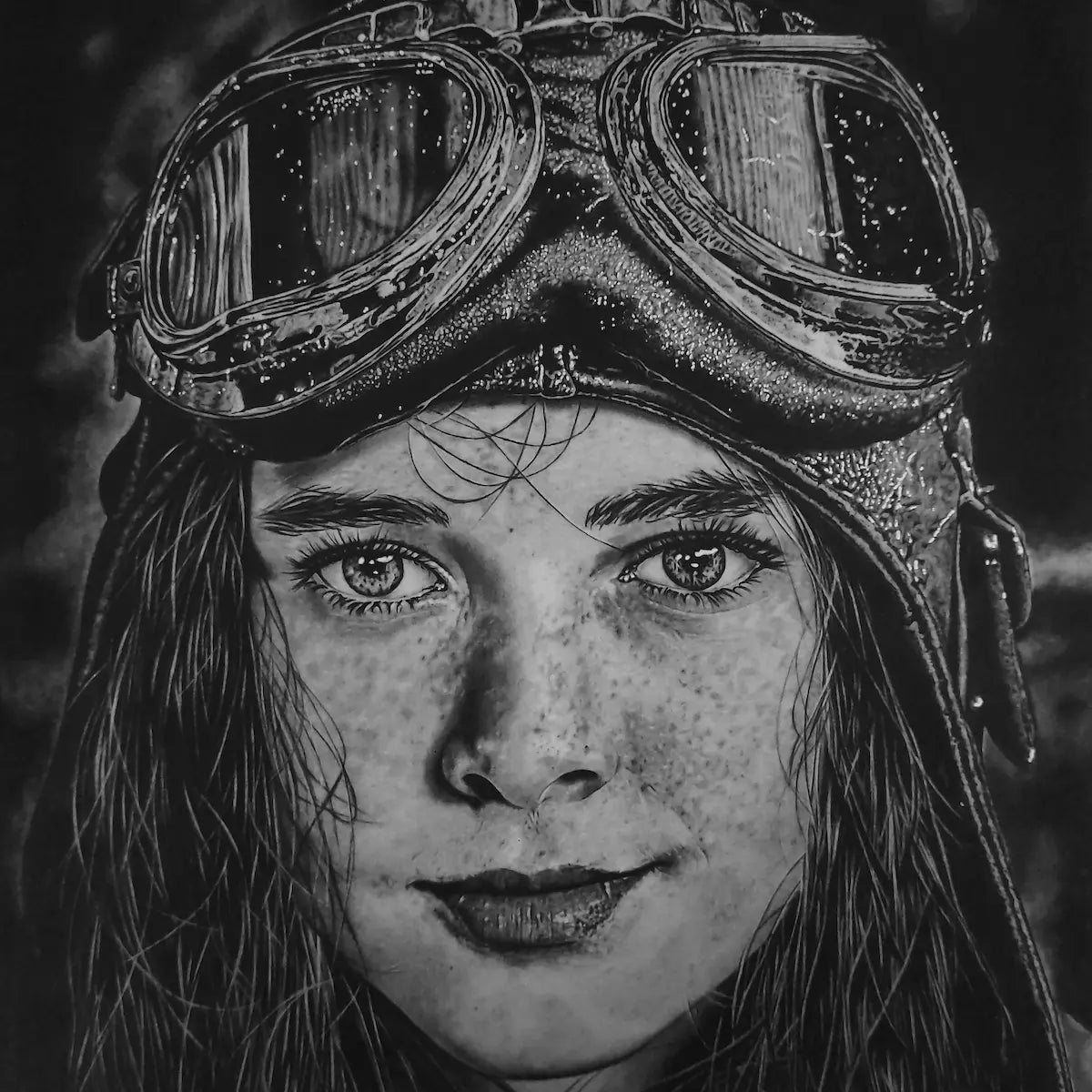 Cuadro moderno de un dibujo a lápiz de una niña con casco de aviador antiguo.