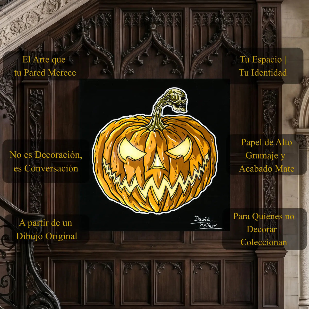 Cuadro moderno para Halloween de una calabaza tallada estilo Neo Tradicional del artista David Mateo.
