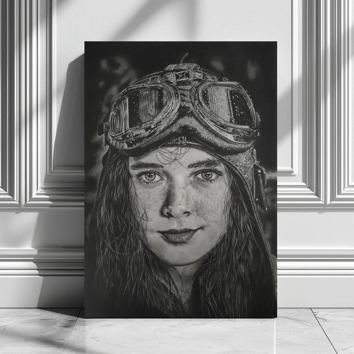Cuadro moderno ideal para la decoración de interiores con una niña aviadora.