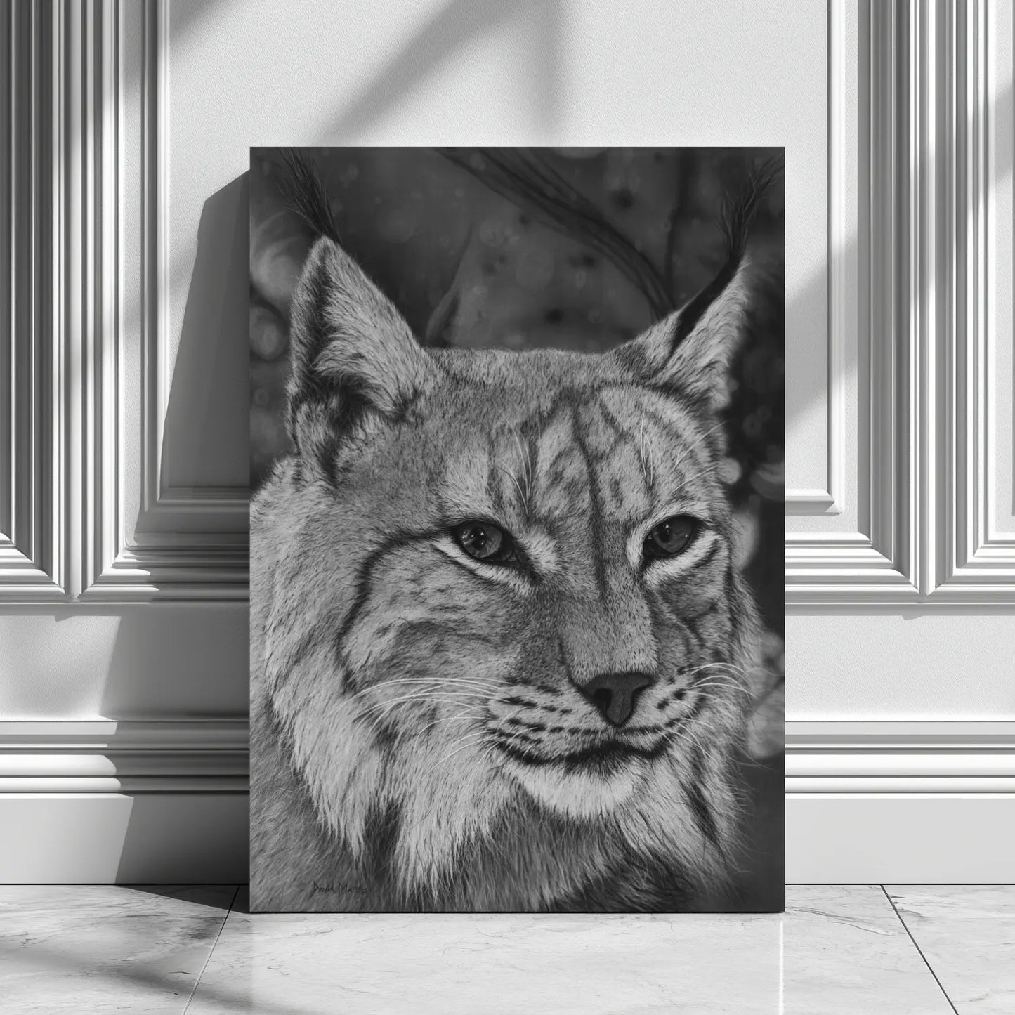 Cuadro moderno de un lince ibérico. Dibujo realista en blanco y negro del artista David Mateo.