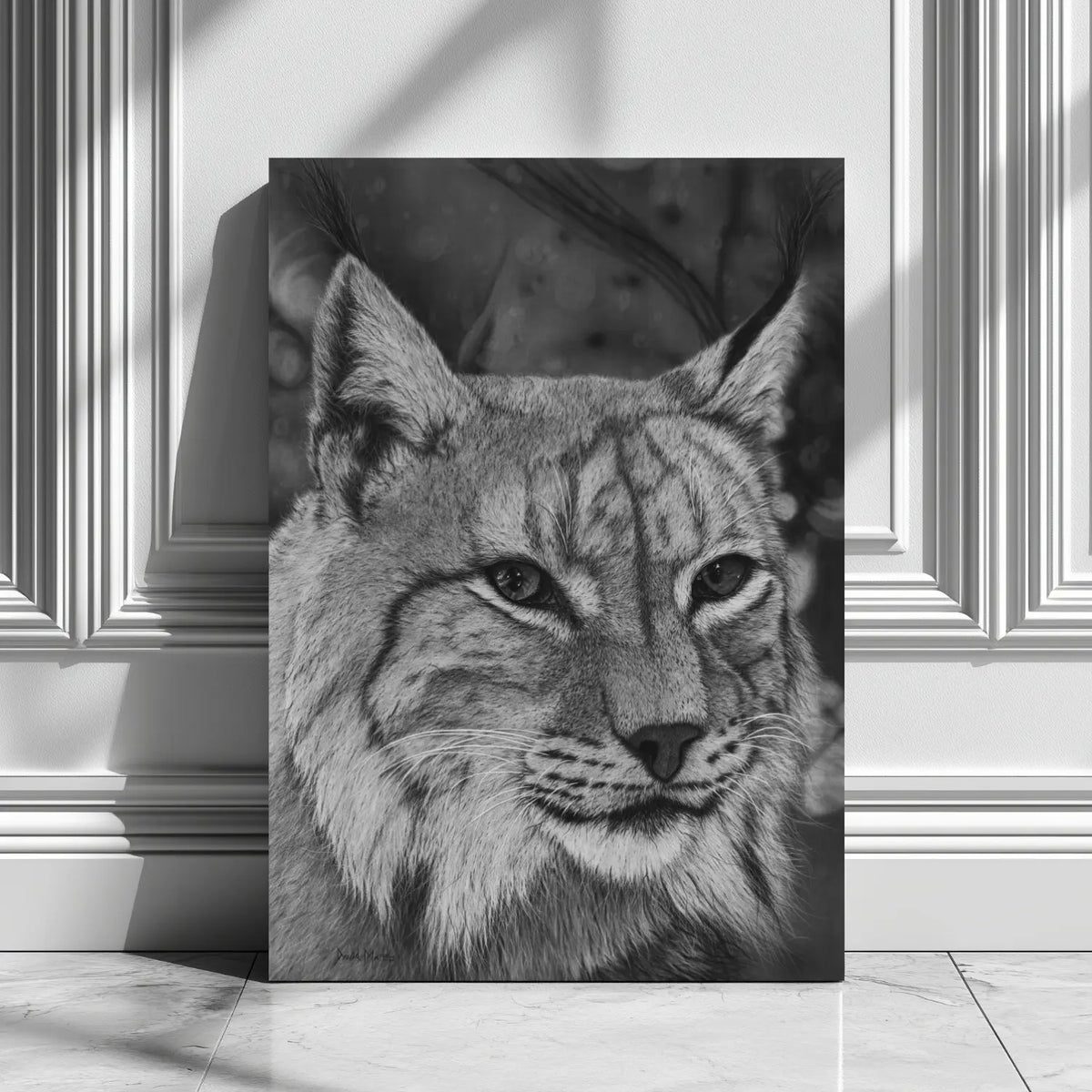 Cuadro moderno de un lince ibérico. Dibujo realista en blanco y negro del artista David Mateo.
