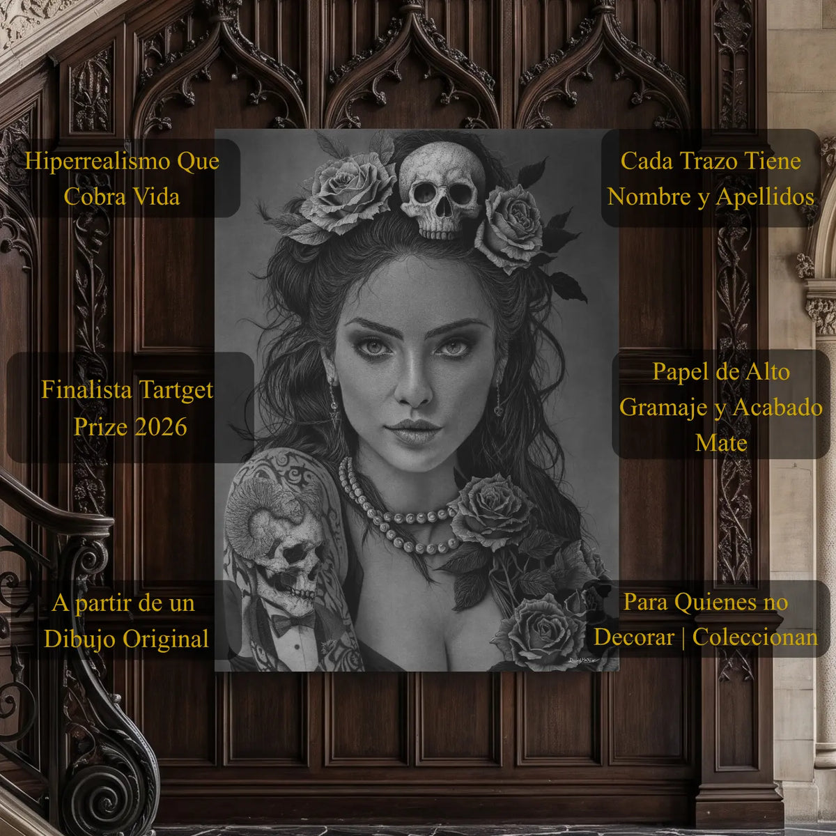 Cuadro moderno de una mujer gótica con rosas y calaveras finalista del Tartget Prize 2026.