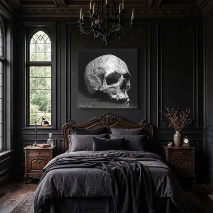 Cuadro moderno para la decoración de interiores con una calavera humana hecha con lápices de carboncillo por David Mateo.