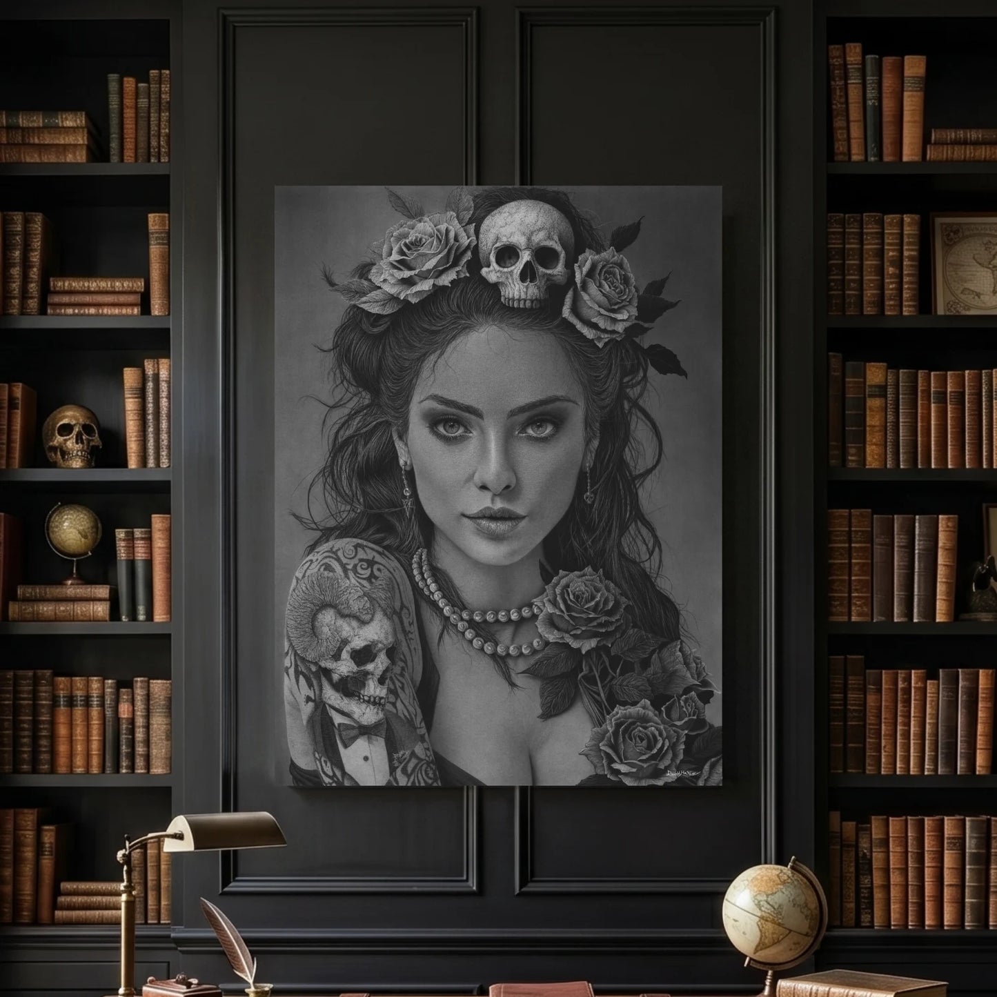 Cuadro moderno para la decoración de interiores de una mujer gótica con calaveras, rosas y tatuajes.