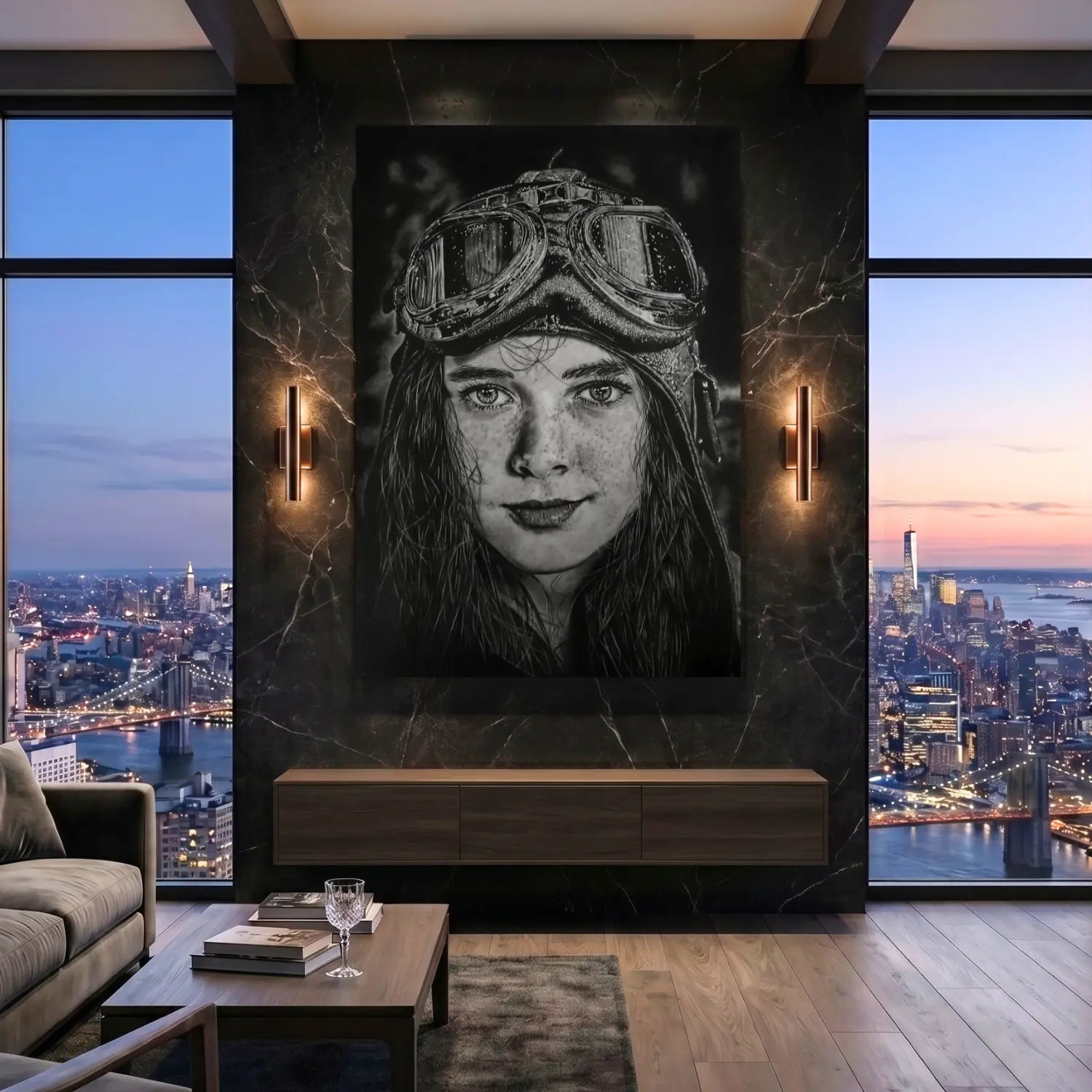 Cuadro moderno para la decoración de interiores de una niña con casco de aviador antiguo.