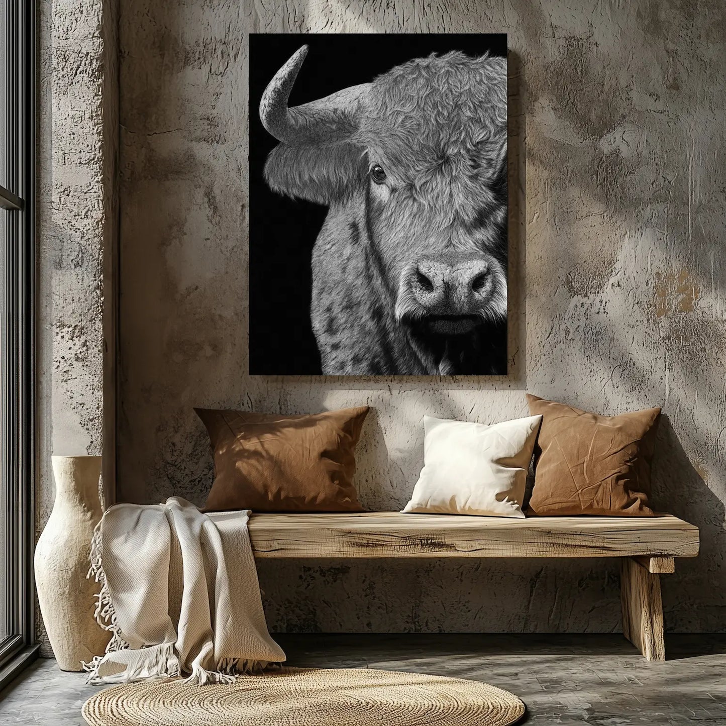 Cuadro moderno para la decoración de interiores con un toro salvaje, Obra de arte de hiperrealismo.