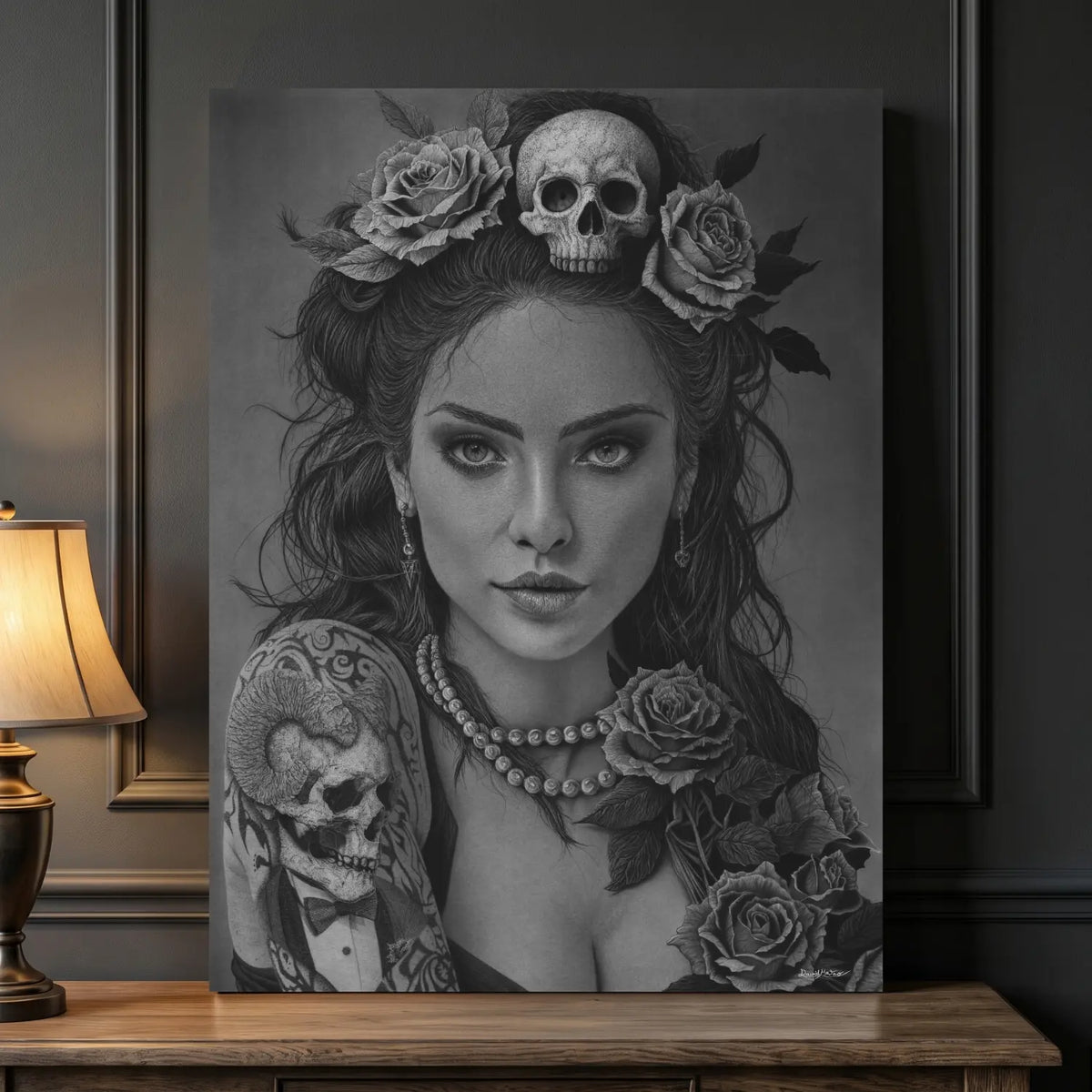 Cuadro moderno para pared de arte gótico de una mujer con rosas y calaveras dibujado a mano con carboncillo por David Mateo.