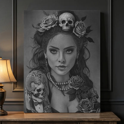 Cuadro moderno para pared de arte gótico de una mujer con rosas y calaveras dibujado a mano con carboncillo por David Mateo.