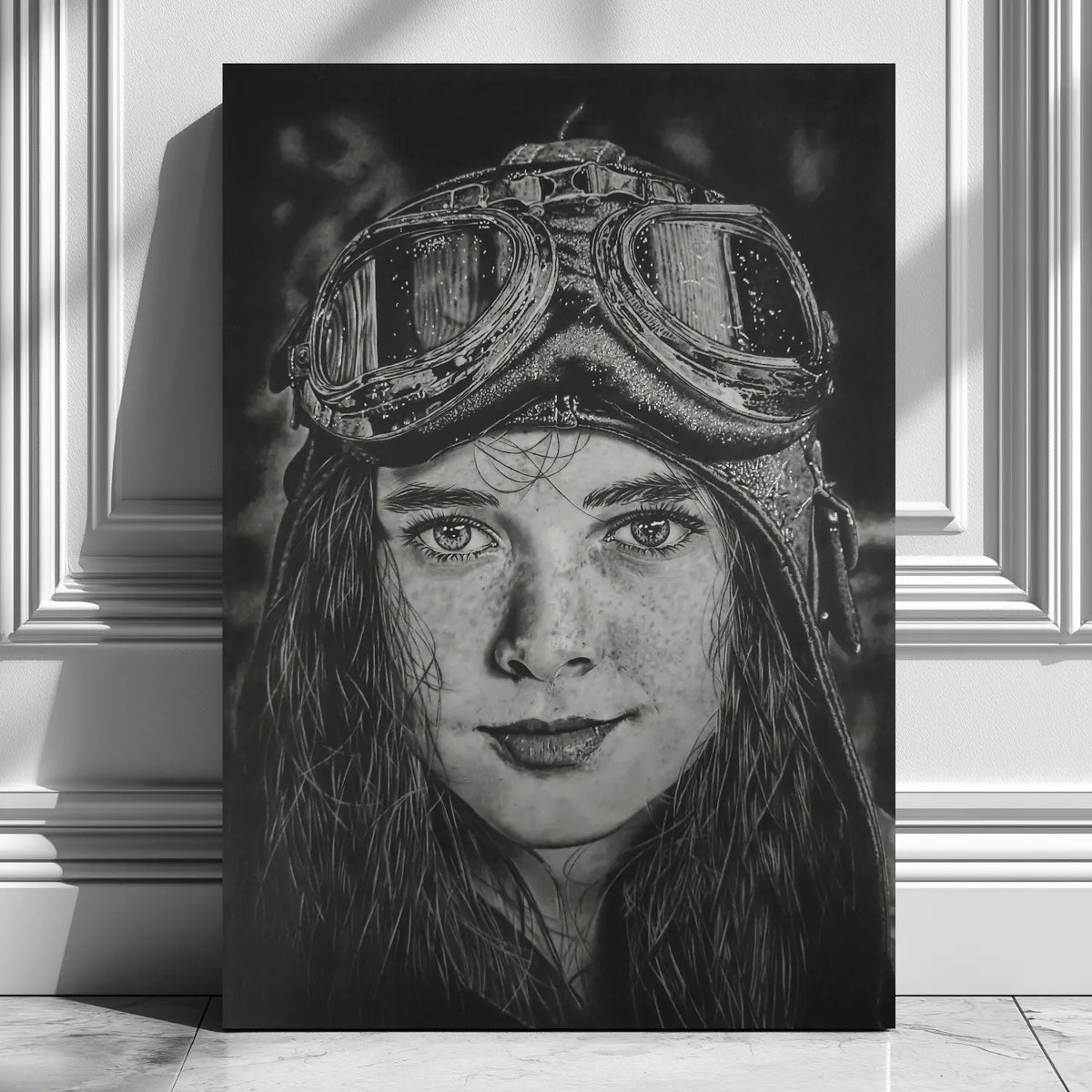 Cuadro moderno para pared de una aviadora antigua con sus gafas y casco.