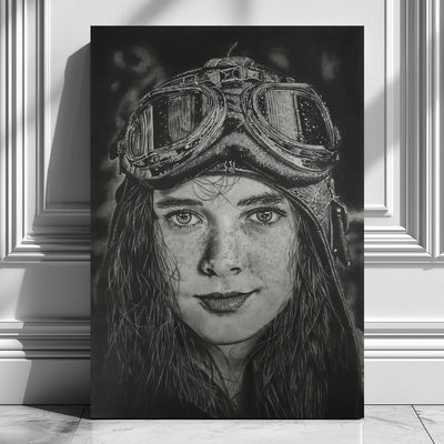 Cuadro moderno para pared de una aviadora antigua con sus gafas y casco.