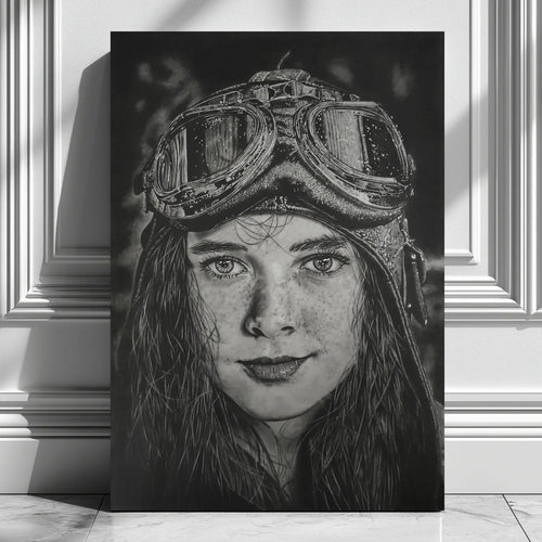 Cuadro moderno para pared de una aviadora antigua con sus gafas y casco.