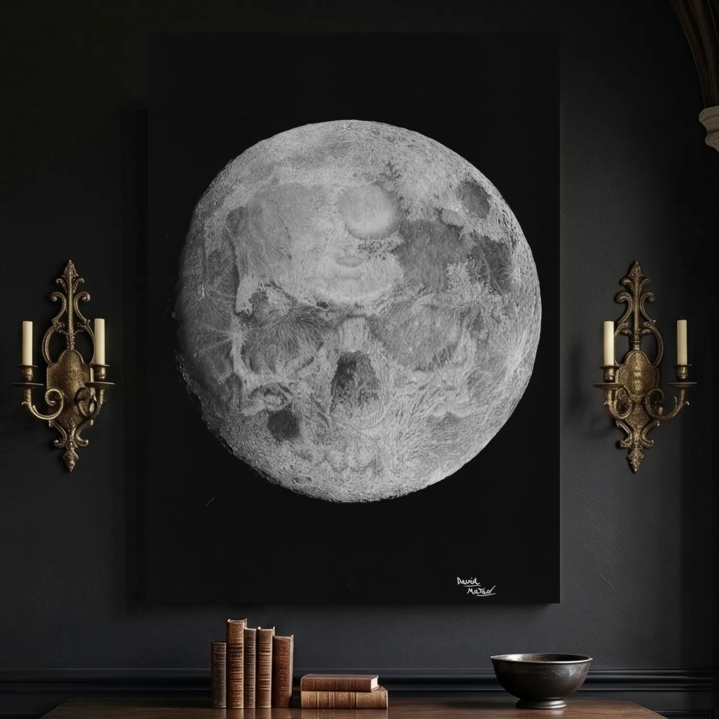Cuadro moderno para salón de un dibujo al carboncillo e un luna gótica con una calavera escondida.