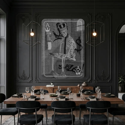 Cuadro moderno para salón de un esqueleto de rey sentado en su trono.