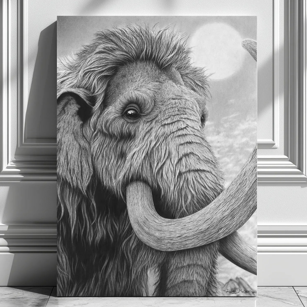 Cuadro para salón moderno de un mamut lanudo de un dibujo a lápiz de carboncillo de David Mateo.