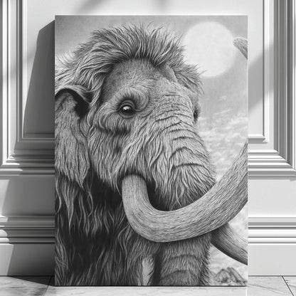 Cuadro para salón moderno de un mamut lanudo de un dibujo a lápiz de carboncillo de David Mateo.