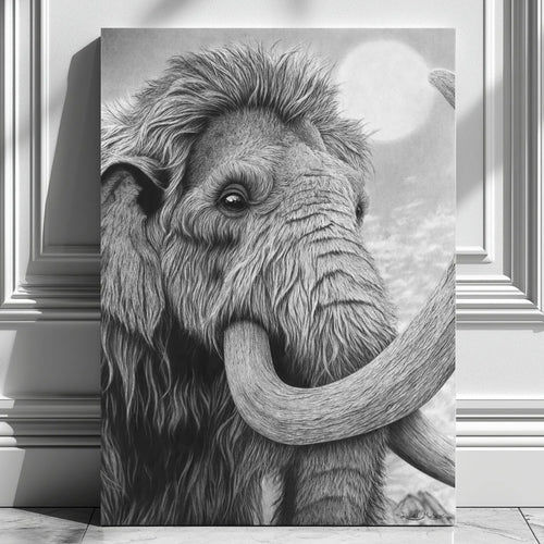 Cuadro para salón moderno de un mamut lanudo de un dibujo a lápiz de carboncillo de David Mateo.