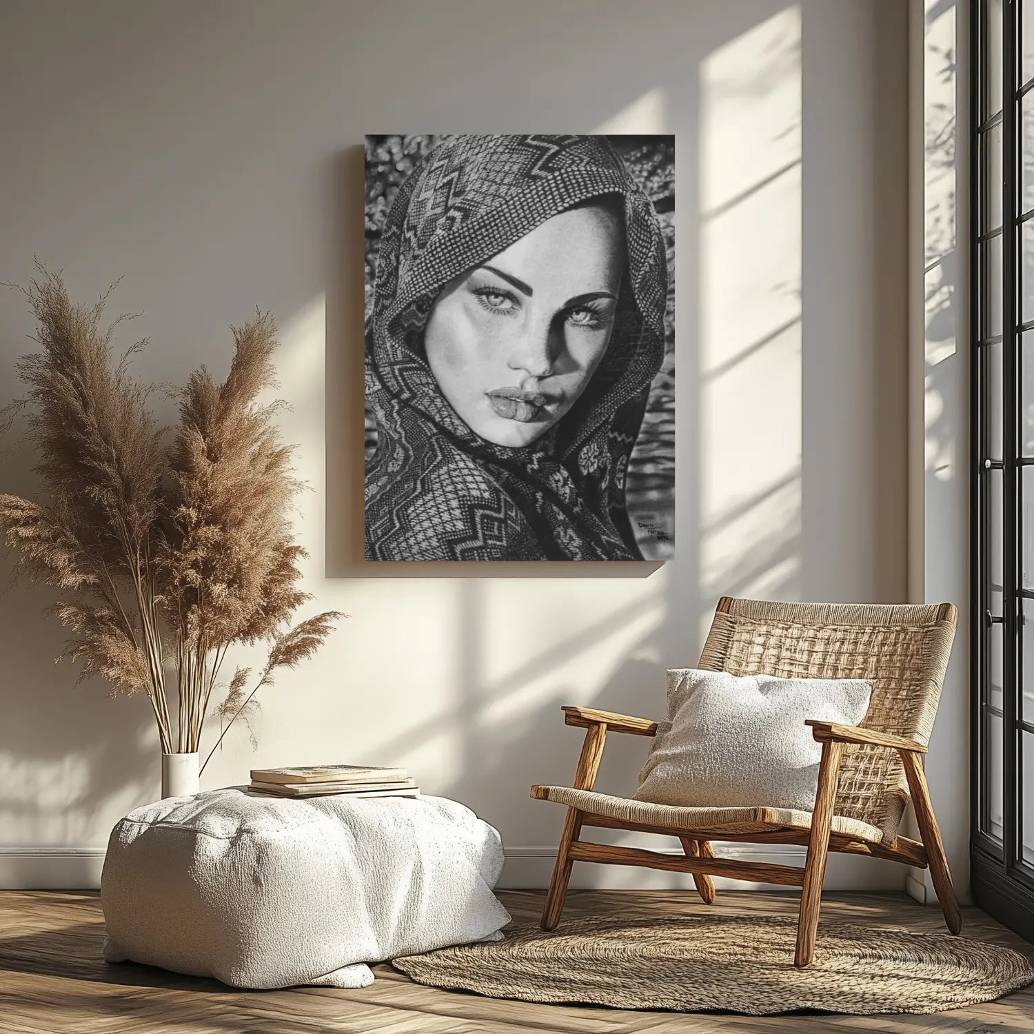 Primer plano del detalle hiperrealista en los ojos y la textura del velo en el dibujo a grafito de una mujer árabe.