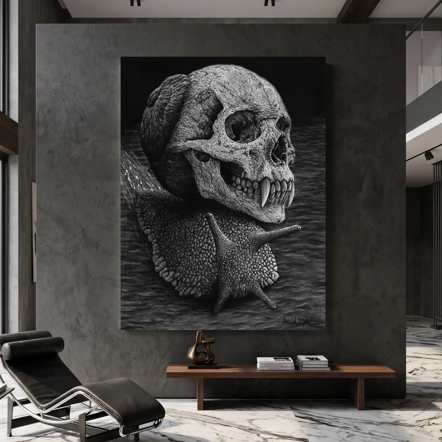 Decoración de interiores con un dibujo a lápiz hiperrealista fantástico de un caracol con una calavera por casa de David Mateo.