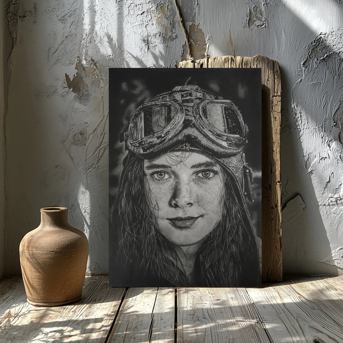 Decoración de pared con una lámina decorativa moderna de una mujer piloto de avión.
