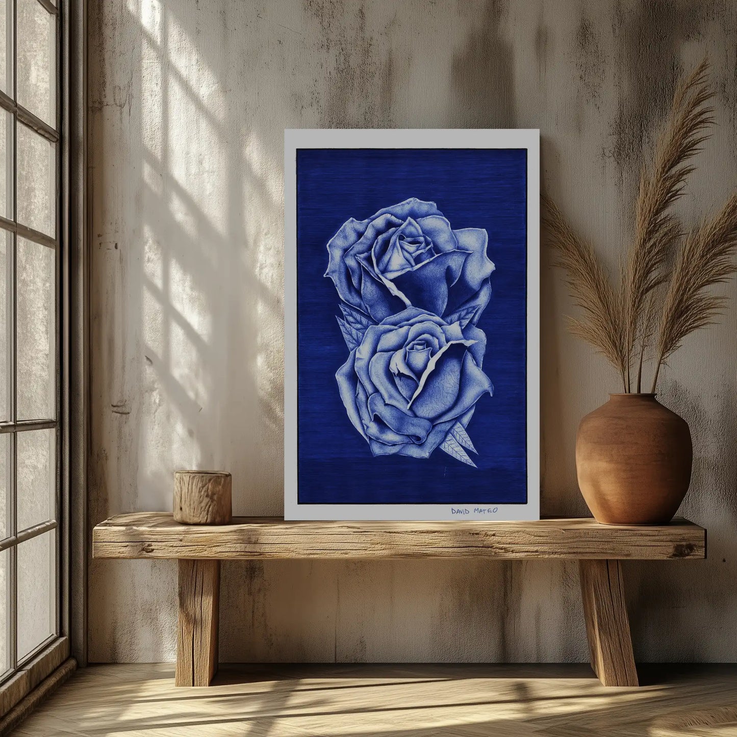 Detalle de la impresión giclée de alta resolución de un dibujo a bolígrafo azul, mostrando la textura del papel mate premium.