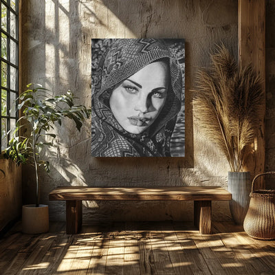 Lámina para cuadros de retrato árabe hiperrealista a grafito titulada Arabian de David Mateo Art, presentada en un ambiente rústico con luz natural.