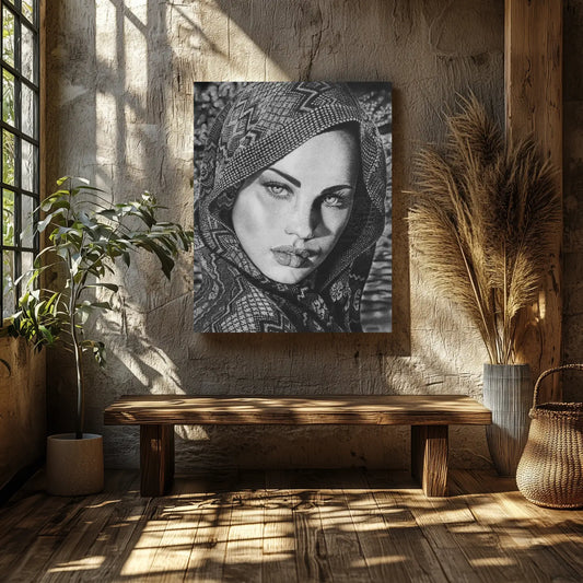 Lámina de retrato árabe hiperrealista a grafito titulada Mirada Árabe de David Mateo Art, presentada en un ambiente rústico con luz natural.