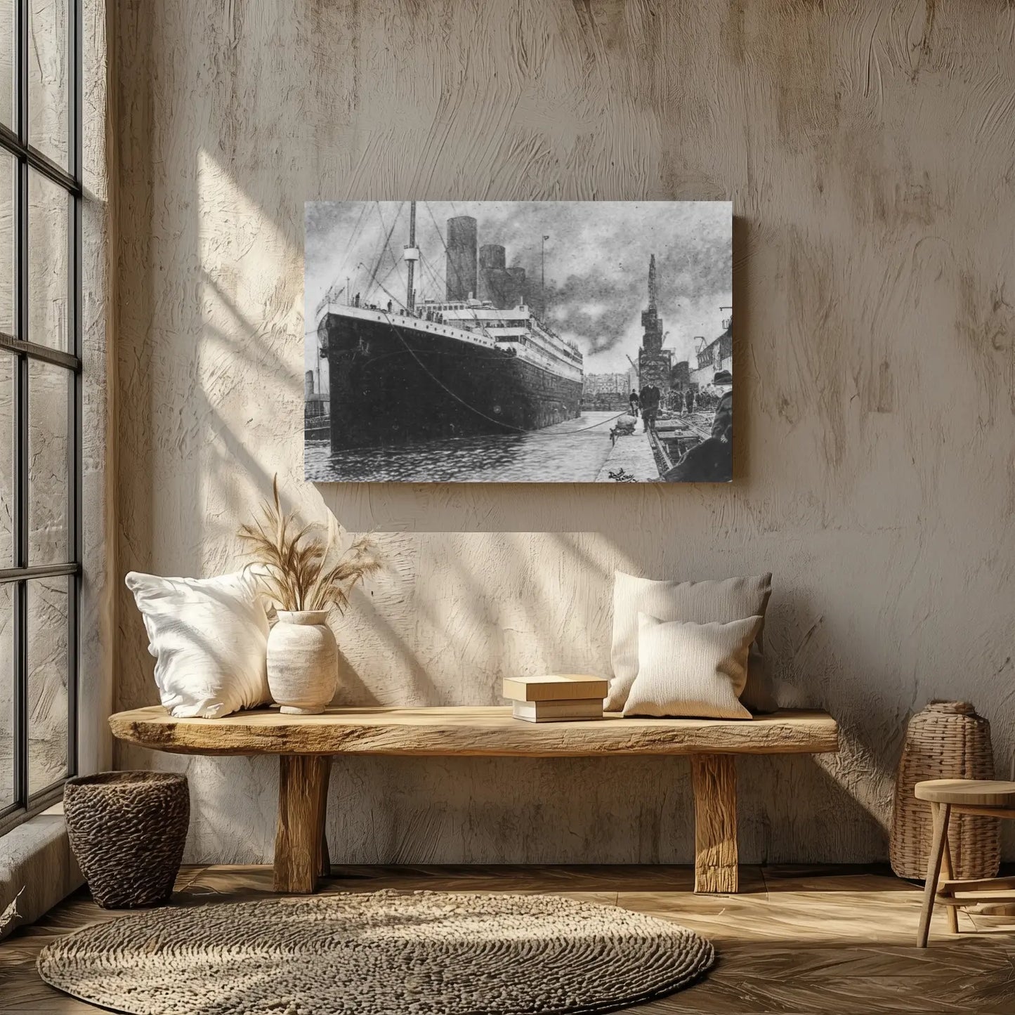 Salón moderno decorado con una lámina del Titanic en blanco y negro, creando un ambiente elegante y con historia náutica.