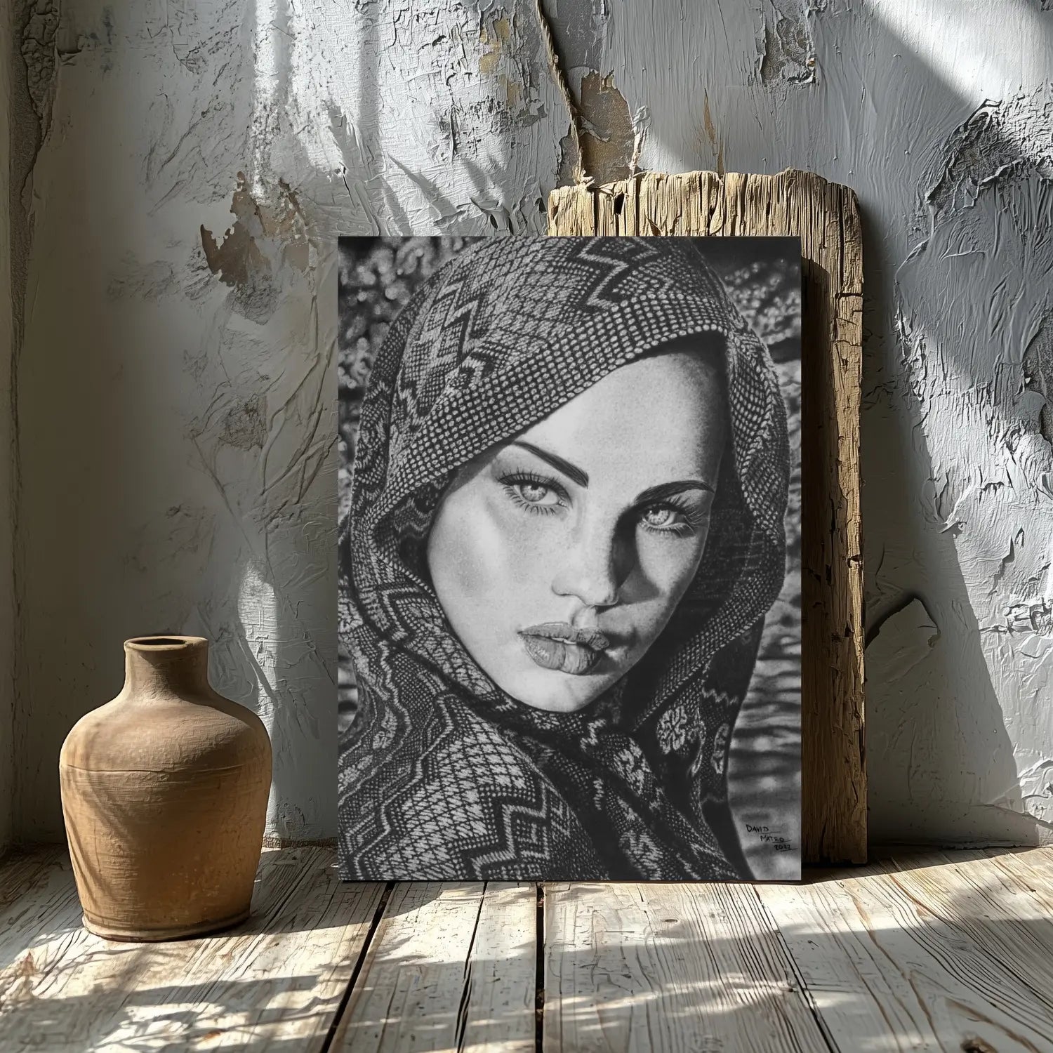 Retrato hiperrealista en blanco y negro ideal para decorar un salón moderno o estudio con arte sofisticado y atemporal.