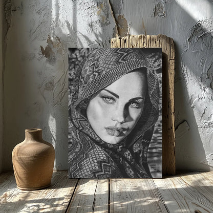 Retrato hiperrealista en blanco y negro ideal para decorar un salón moderno o estudio con arte sofisticado y atemporal.