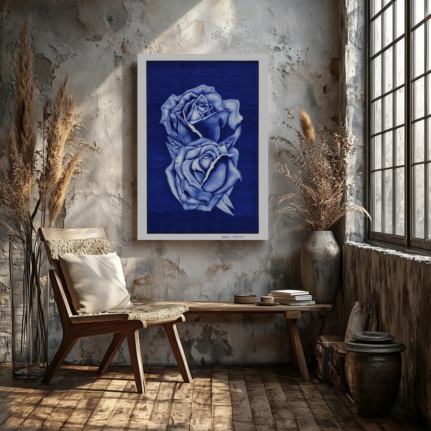 Lámina de arte floral detallada Rosas de Tinta Azul, una opción de regalo original y elegante para coleccionistas de arte contemporáneo.