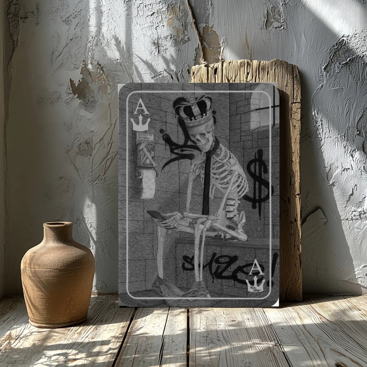 Dibujo hiperrealista de arte gótico de un esqueleto humano de rey sentado en su trono como crítica social.