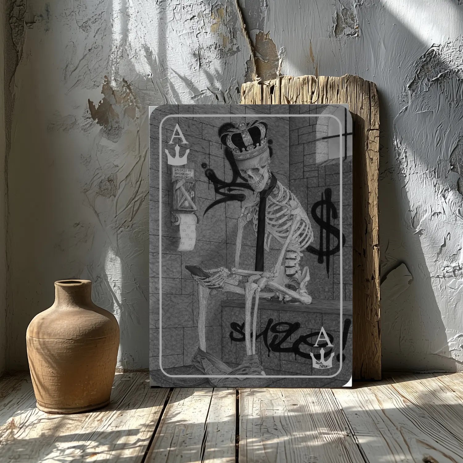 Dibujo hiperrealista de arte gótico de un esqueleto humano de rey sentado en su trono como crítica social.