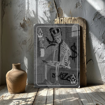 Dibujo hiperrealista de arte gótico de un esqueleto humano de rey sentado en su trono como crítica social.