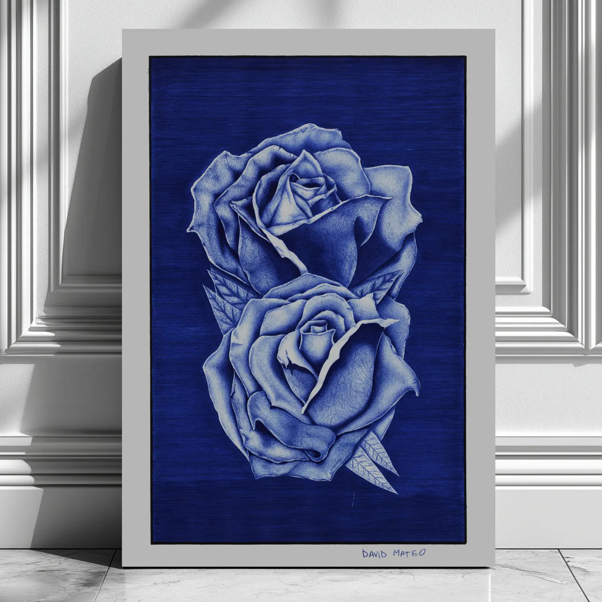 Dibujo a bolígrafo de dos rosas estilo hiperrealista del artista David Mateo.