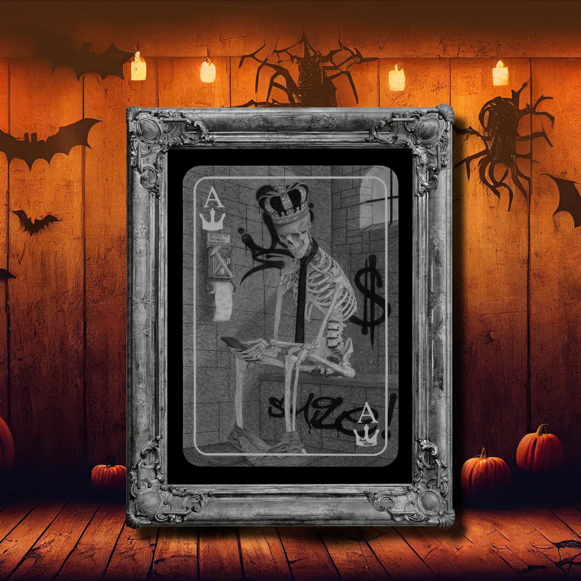 Impresión artística de un dibujo de un esqueleto con corona y detalles de cartas de póker (As) y graffiti. Arte temático de la muerte y la realeza.