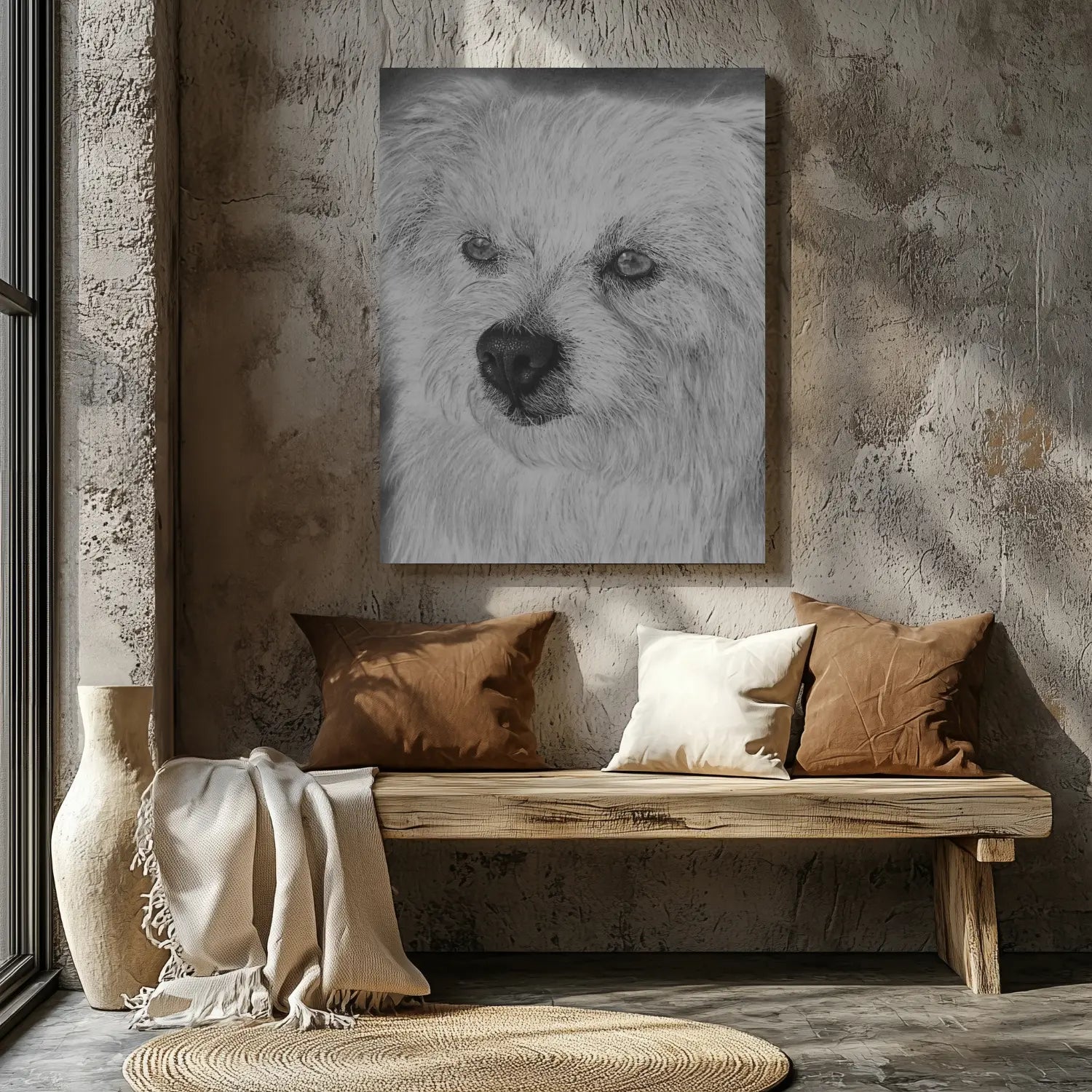 Dibujo hiperrealista de un perro blanco hecho con lápices de grafito sobre papel, en formato lámina colgado en una pared junto a una ventana.