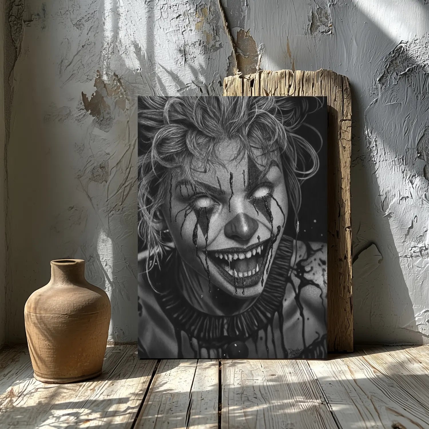 Dibujo a lápiz de carboncillo en formato lámina decorativa para pared Lágrimas de Sangre.