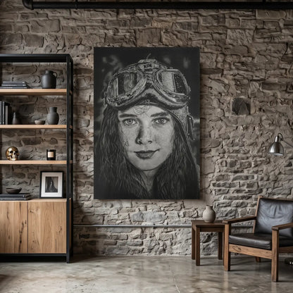 Dibujo a lápiz del artista David Mateo de una mujer piloto de avión en blanco y negro.